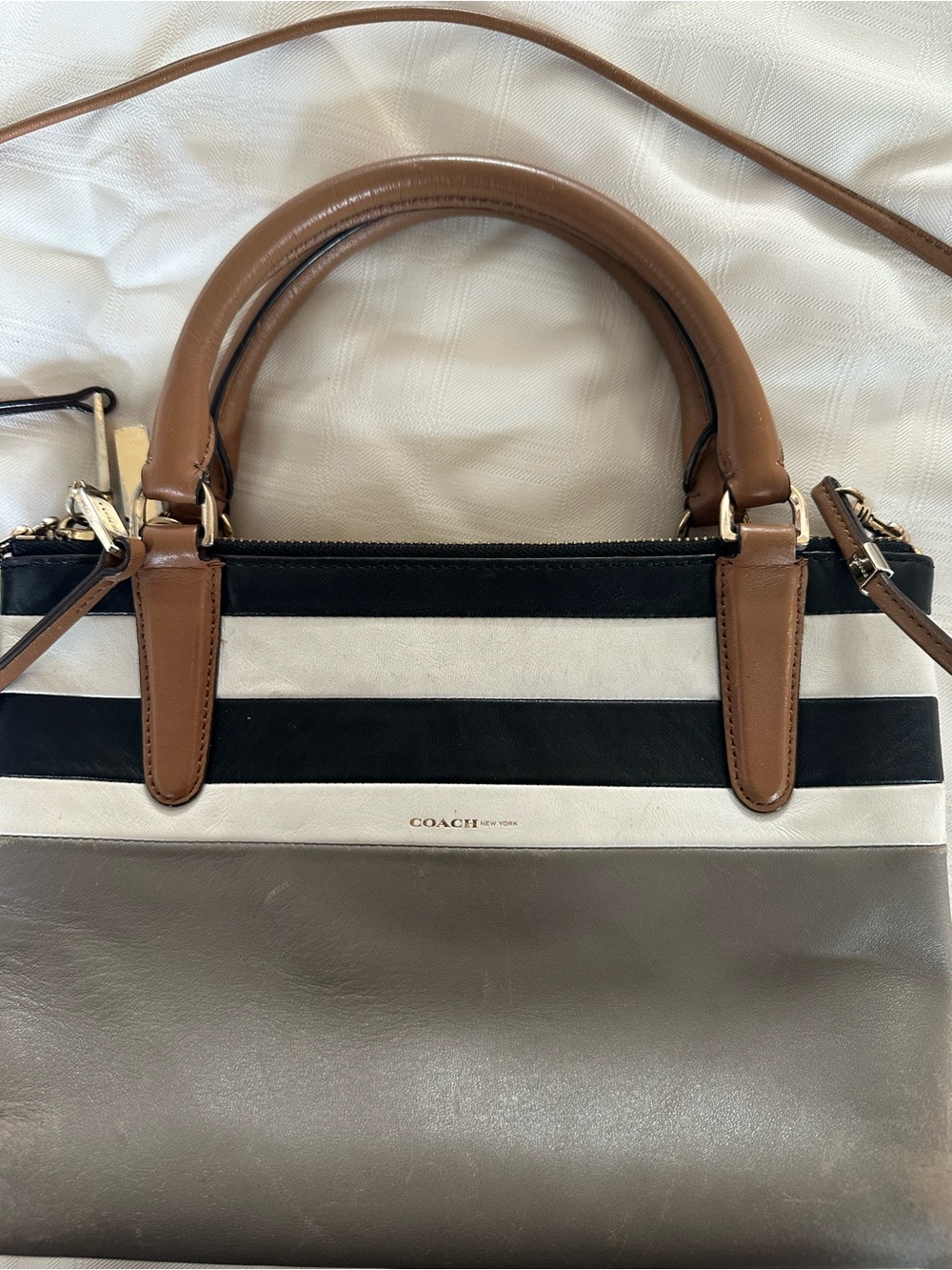 Coach Striped Leather Crossbody Satchel in Black, White & Brown